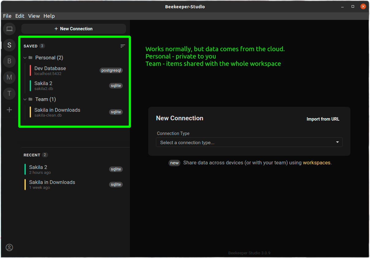 Shared workspaces in Beekeeper Studio